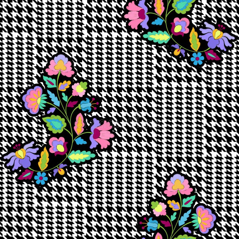 Compruebe el modelo inconsútil de la moda con las flores del bordado libre illustration Compruebe el modelo inconsútil de la moda con las flores del bordado libre illustration