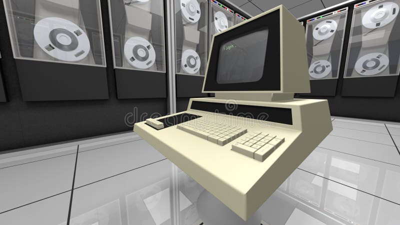 Computador projetado retro em uma sala do hardware ilustração stock Computador projetado retro em uma sala do hardware ilustração stock
