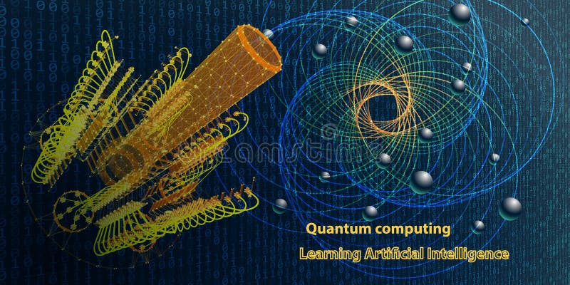 Computadora cuántica Concepto de fondo de física abstracta con codo Aprendiendo elemento de inteligencia artificial Criptografía ilustración del vector