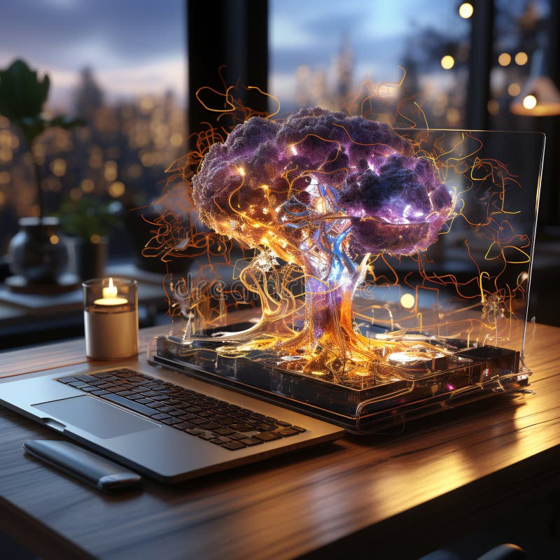 Modern computer with abstract glowing brain on screen. Artificial intelligence concept. 3D Rendering. Modern computer with abstract glowing brain on screen. Artificial intelligence concept. 3D Rendering.