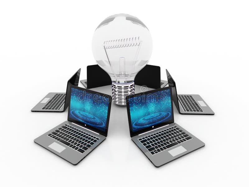 Computadores conectados com o bulbo, conceito da ideia 3d rendem ilustração royalty free