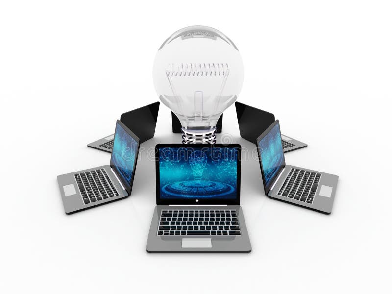 Computadores conectados com o bulbo, conceito da ideia 3d rendem ilustração stock