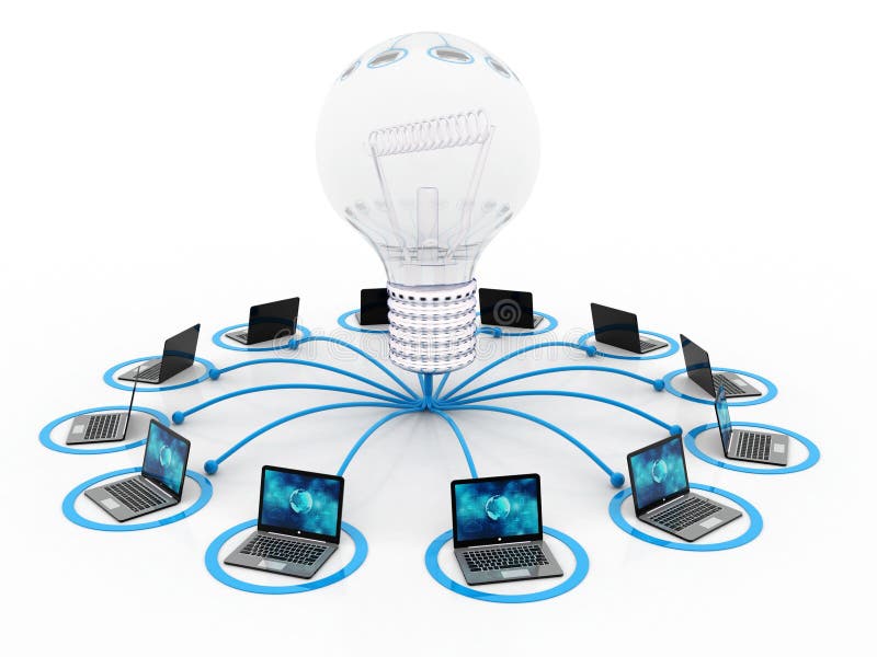 Computadores conectados com o bulbo, conceito da ideia 3d rendem ilustração royalty free