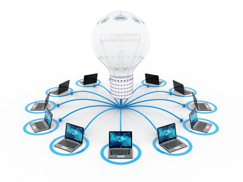 Computadores conectados com o bulbo, conceito da ideia 3d rendem ilustração royalty free