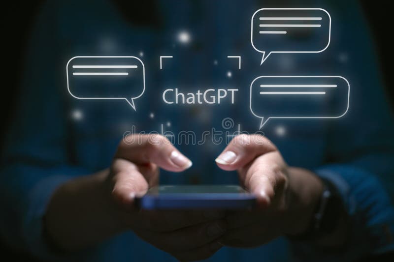 Computer AI Concept With Overlay Of Interface For ChatGPT Projected Onto Screen Of Woman Using Mobile Phone royalty free stock image