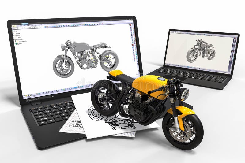 Computer aided design with 3D software. motorcycle development with the help of a computer software. 3D render image representing motorcycle development with the help of a computer software