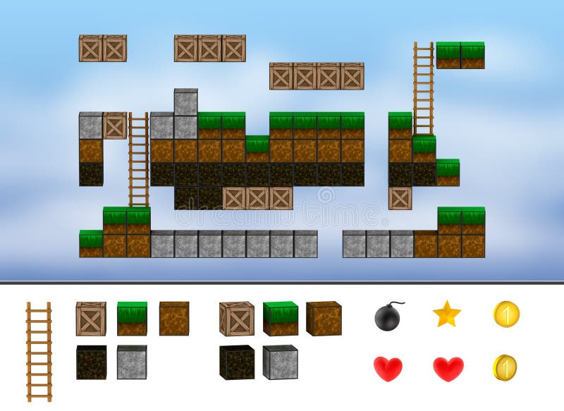 Computer arcade game level. Cubes, ladder, icons. vector illustration