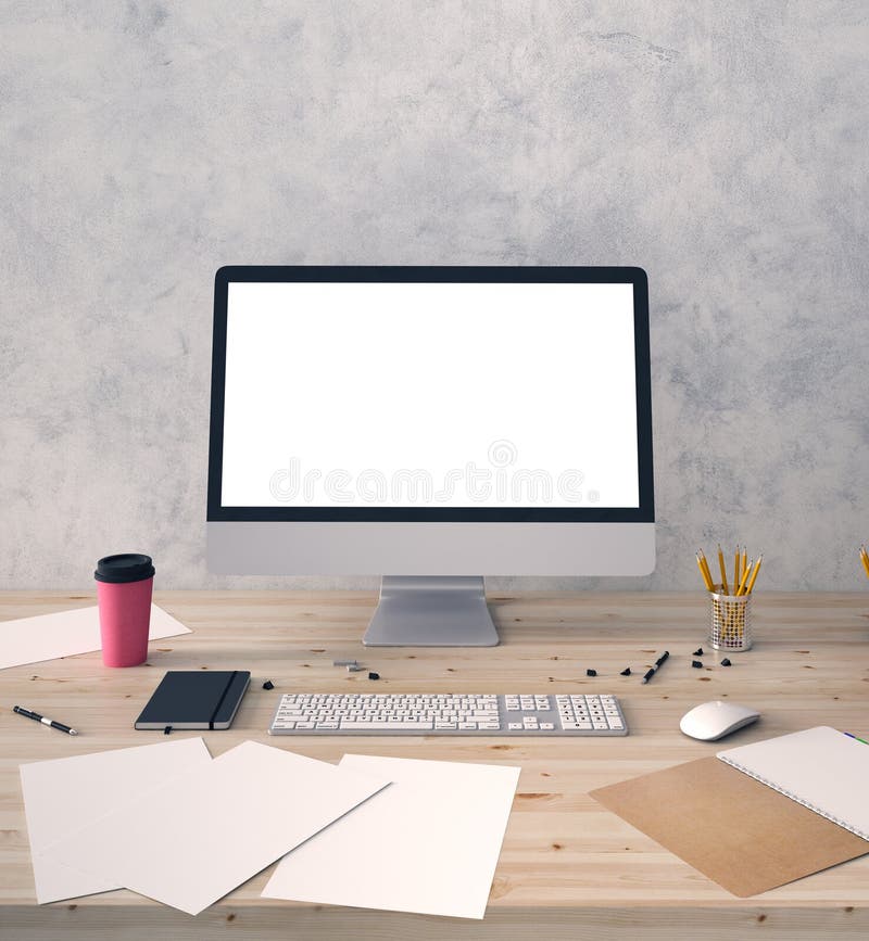 Computer bianco vuoto sul desktop dell'ufficio royalty illustrazione gratis