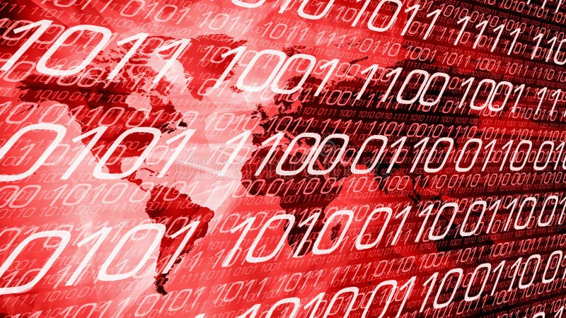 World continents, binary code and red abstract backdrop vector illustration