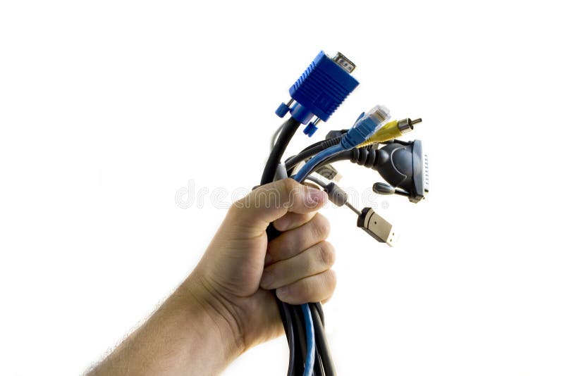 Computer cables in hand isolated on white background. Intricate cable stock images, royalty-free photos and pictures