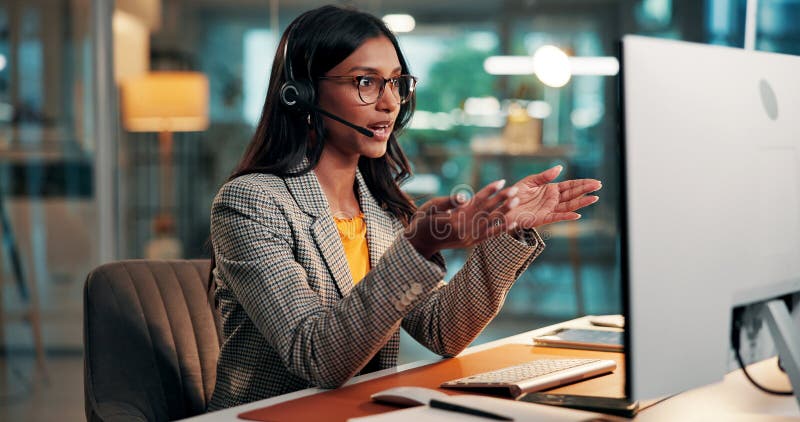 Computer, call center and business woman in office with banking advice, loan inquiry or solution. Desktop, headset and royalty free stock images