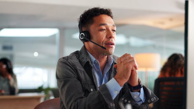 Computer, call center consultant and man with technical support, faq or problem solving. IT hotline, technology and stock image