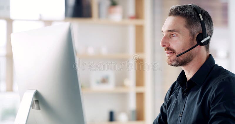 Computer, call center and reading with business man for online banking, customer support and research. Virtual advisor stock photo