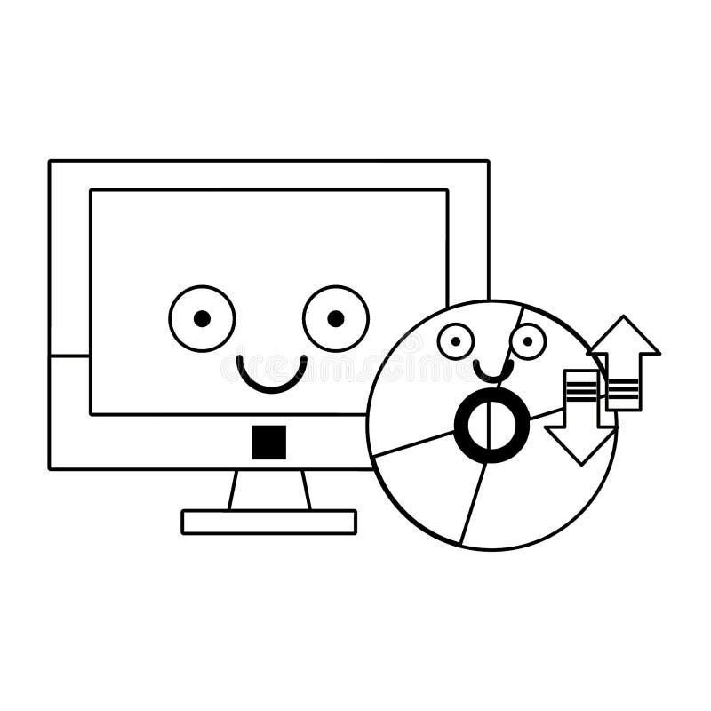 Computer and CD Rom Software in Black and White Stock Vector Illustration of process