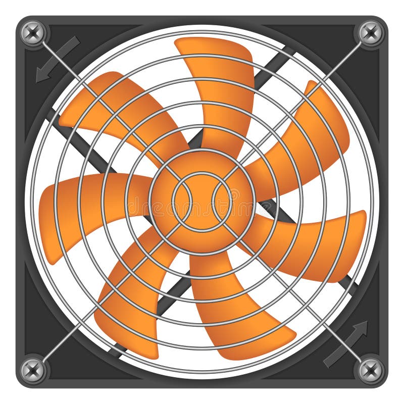 High detailed vector illustration of orange computer chassis/CPU cooler. Airflow symbol vectors