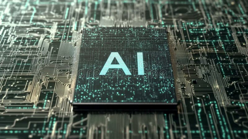 Artificial intelligence chip processing data on circuit board royalty free stock photo