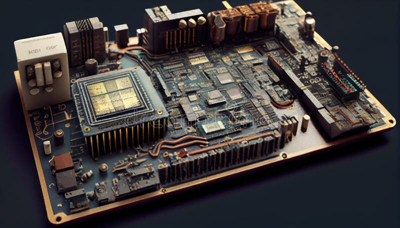 Computer Ship Macro Photo, Electronic Chip, Motherboard Part, Abstract AI Generative Illustration royalty free illustration