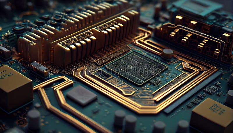 Computer Ship Macro Photo, Electronic Chip, Motherboard Part, Abstract AI Generative Illustration stock illustration