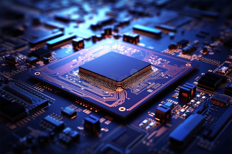 Computer circuit board with dynamic light and color technology illustration stock illustration
