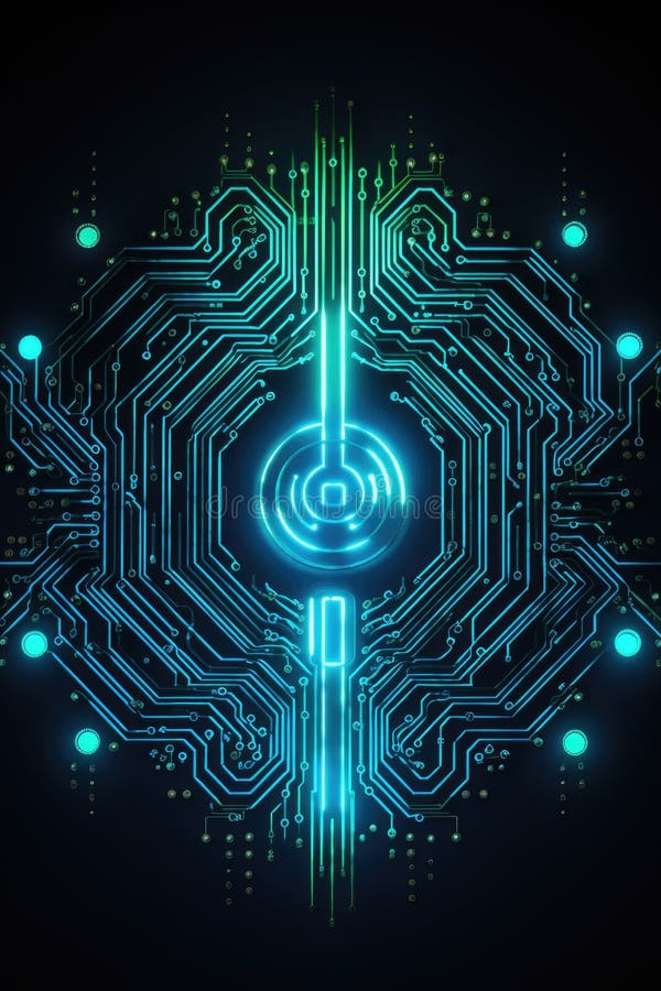 A computer circuit board with a glowing circle in the middle. Cyber security, fingerprint lines. stock photography