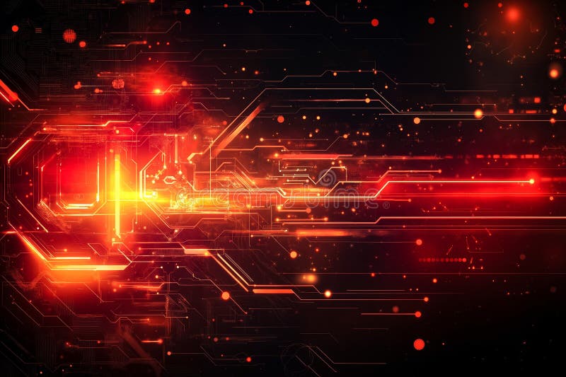 A computer circuit board with red and yellow lights. A digital artwork featuring a complex network of red and orange lines and shapes, resembling a futuristic or technological design AI generated