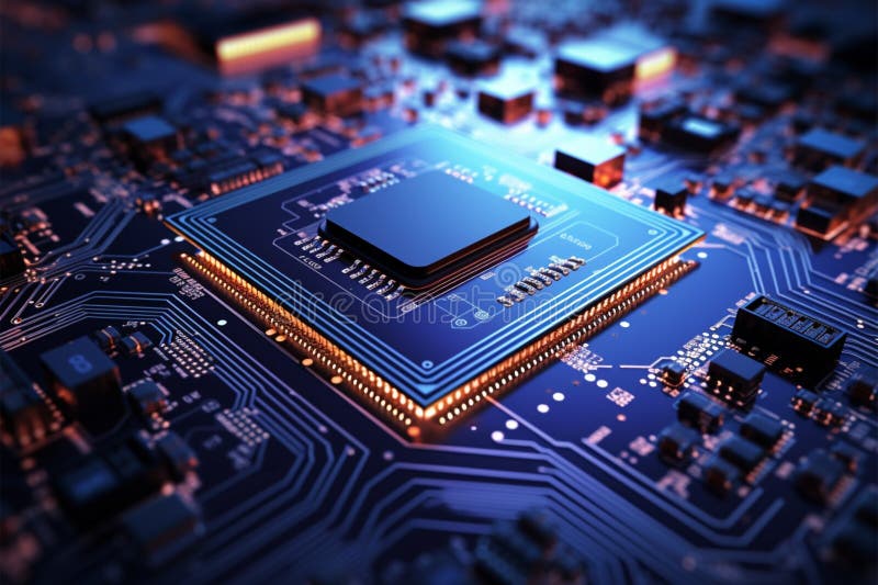 Computer circuit board with vivid light and color tech illustration stock illustration