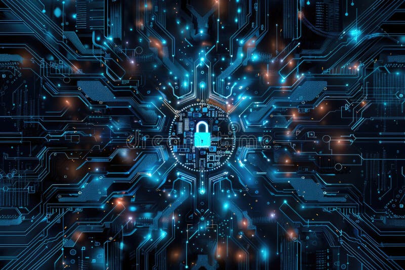A computer circuit with a padlock, suitable for use in illustrations about security or technology stock images