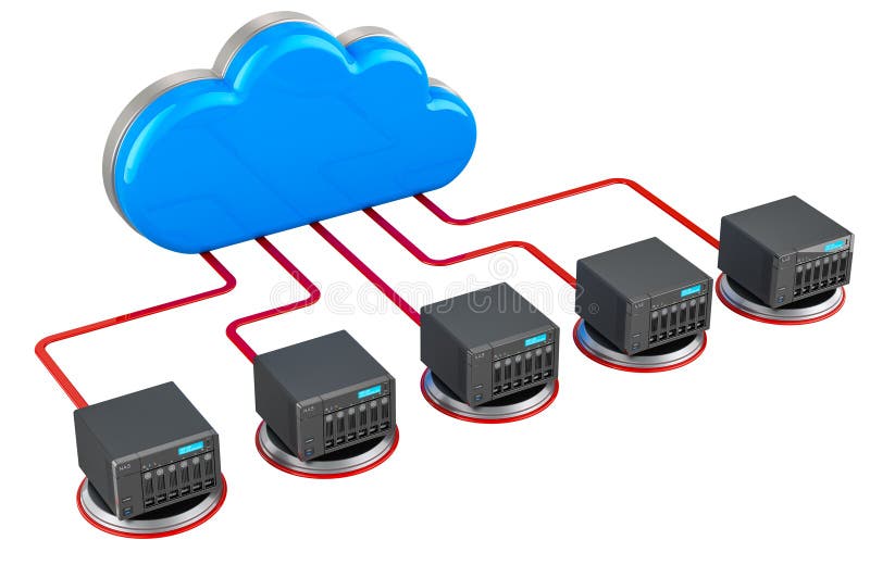 Computer cloud with NAS. Internet connection concept. 3D rendering stock illustration