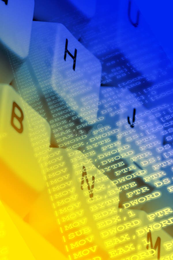 Assembler computer program source code overlay on keyboard close up. Coding program data stock images, royalty-free photos and pictures