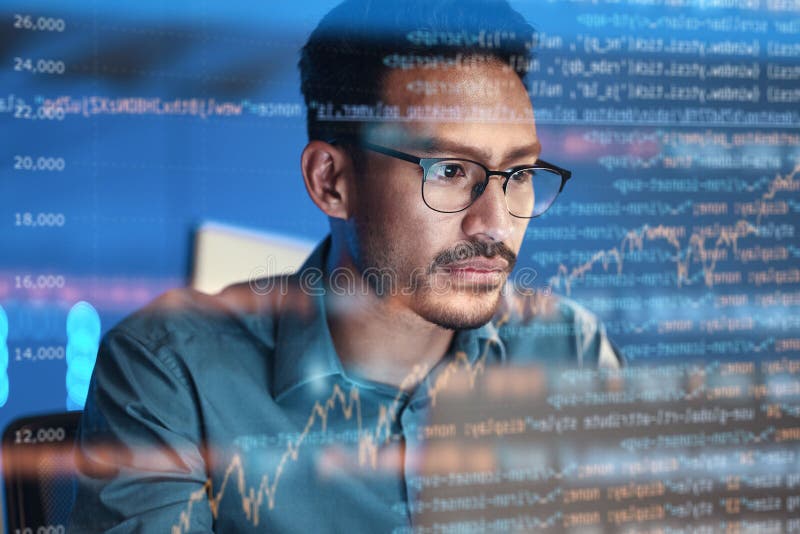 Computer, code hologram and business man in data analysis, coding technology and software overlay at night. Programmer stock photo