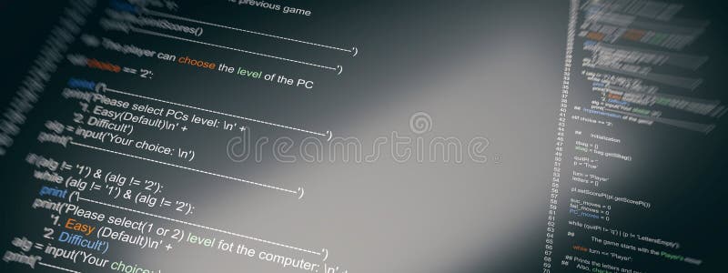Computer code, program. Develop coding on a electronic device screen, close up, banner. 3d render stock illustration