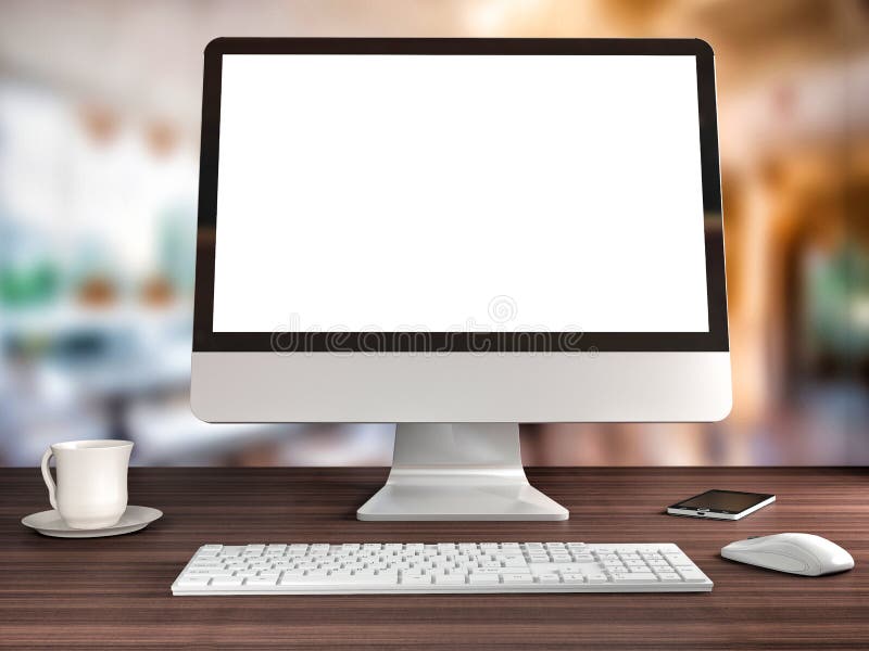 Computer con lo schermo bianco sulla tavola dell'ufficio illustrazione vettoriale
