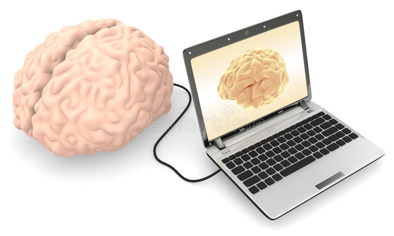 Computer connected to a human brain royalty free illustration