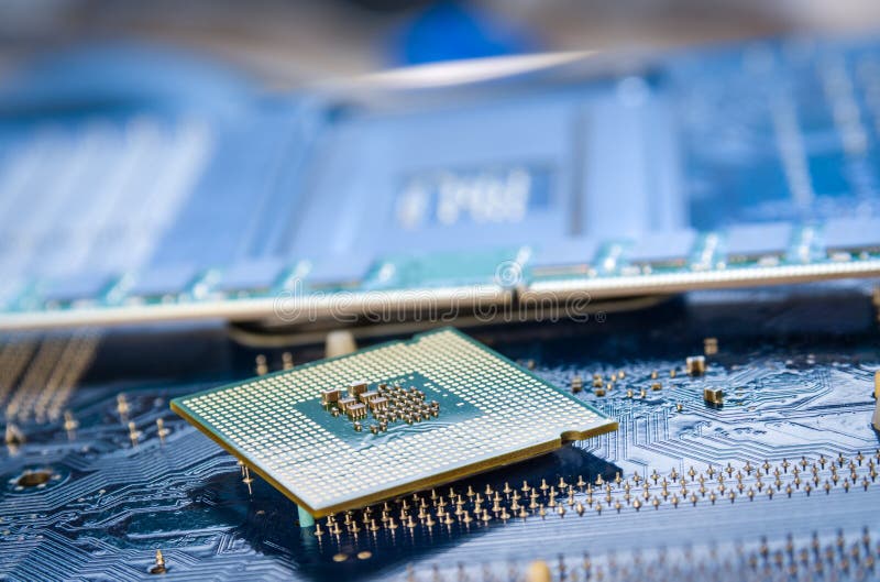Computer cpu or central processor unit chip on mainboard stock photo