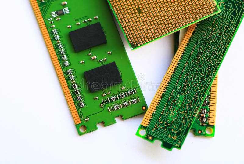 Length of modern computer RAM or Random Access and central processing unit CPU on White Background. Length of modern computer RAM or Random Access and central processing unit CPU on White Background