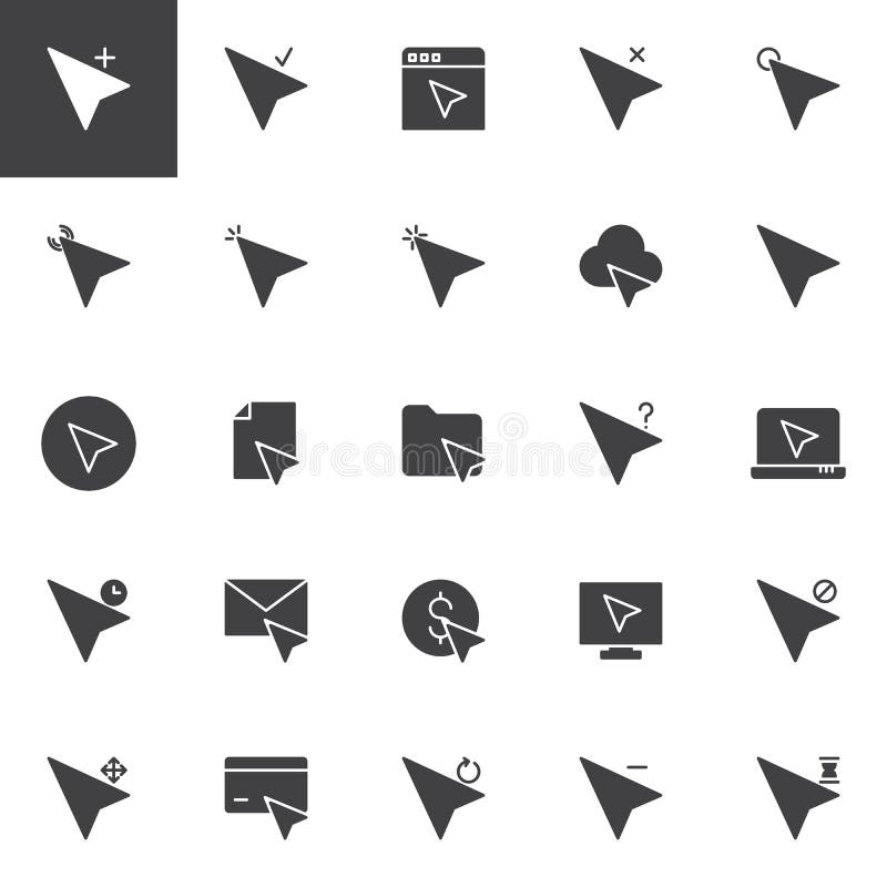 Computer cursor mouse vector icons set, modern solid symbol collection, filled style pictogram pack. Signs, logo illustration. Set includes icons as hourglass clock, credit card, monitor, laptop. Computer cursor mouse vector icons set, modern solid symbol collection, filled style pictogram pack. Signs, logo illustration. Set includes icons as hourglass clock, credit card, monitor, laptop