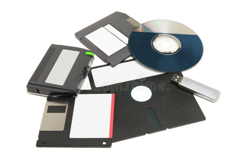 Various types of computer data storage media floppy disks, CD/DVD, tape and flash drive. Usb data transfer stock images, royalty-free photos and pictures