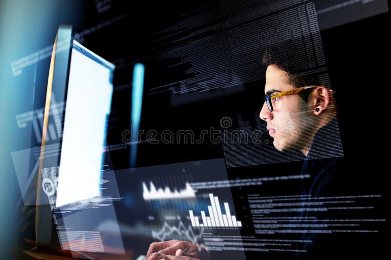 Computer, data overlay and man for digital programming, night software update or information technology. Focus, research stock images