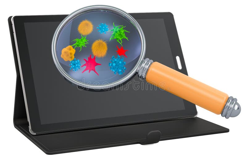 Computer della compressa con i virus e i bacterias sotto la lente d'ingrandimento, rappresentazione 3D royalty illustrazione gratis Computer della compressa con i virus e i bacterias sotto la lente d'ingrandimento, rappresentazione 3D royalty illustrazione gratis