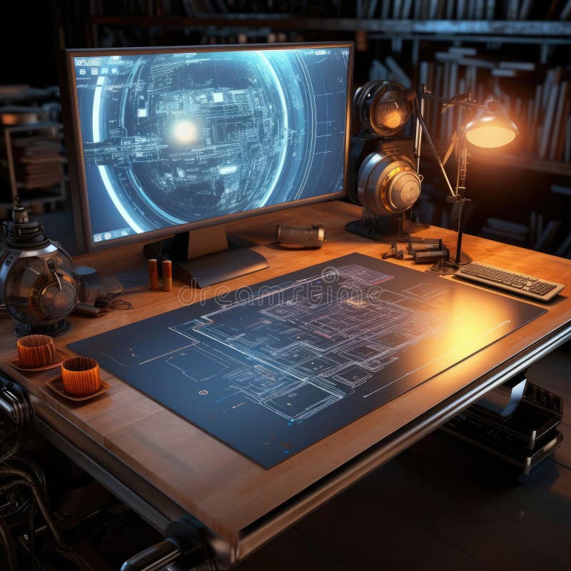The computer desk of the programmer of the future. An empty place for the programmer of the future. Computer desk and monitor
