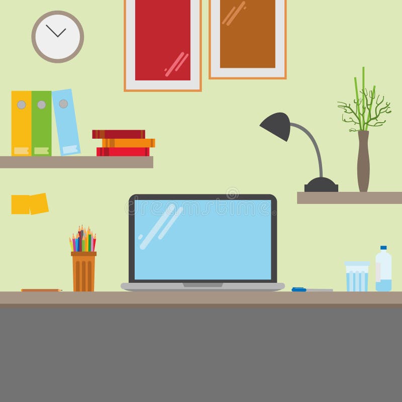 Computer desk. Workplace in flat cartoon style. stock illustration Computer desk. Workplace in flat cartoon style. stock illustration