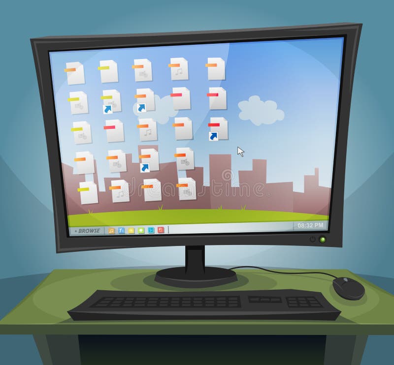 Computer desktop cu sistem de operare pe ecran stock illustration