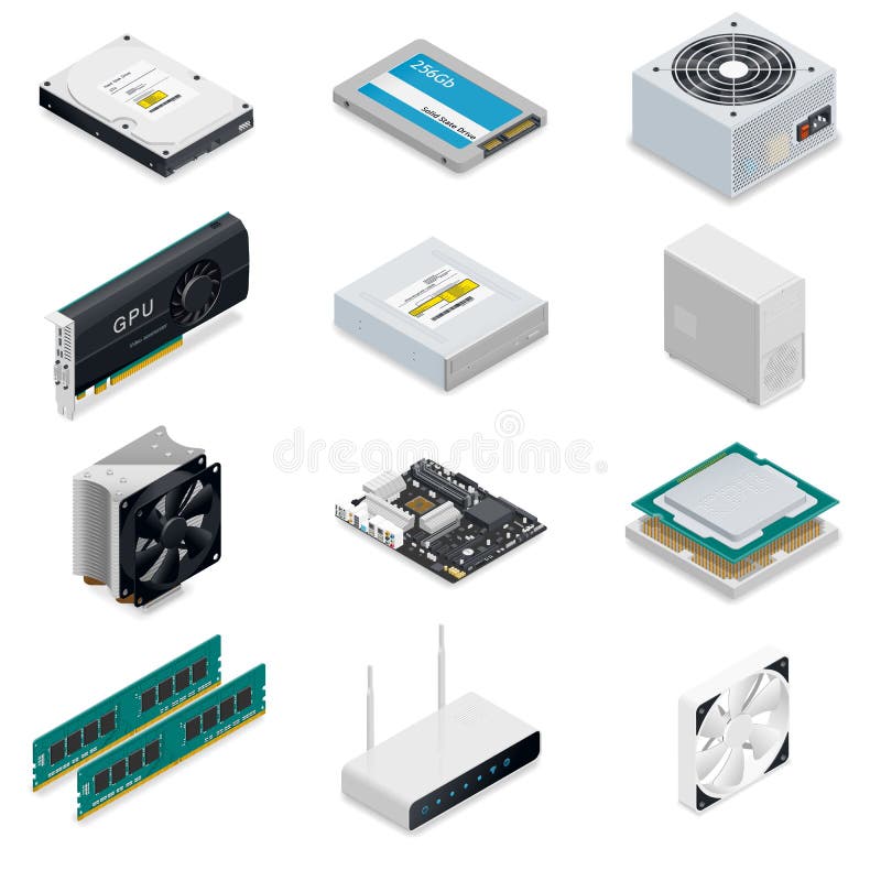 Computer detailed isometric parts vector illustration