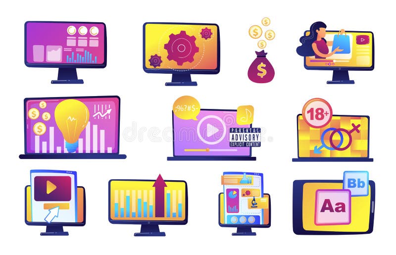 Computer and digital content vector illustrations set. royalty free illustration