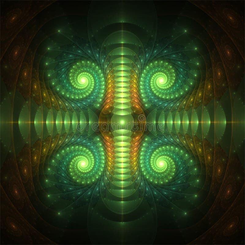 Computer digital fractal art design, abstract fractals fantastic shapes, symmetrical green glass shells