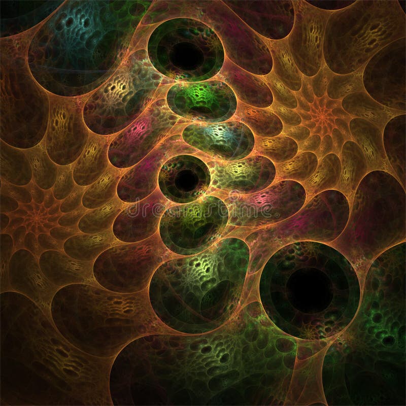 Computer digital fractal art, fantastic abstract shapes, orange green sponge spiral structure royalty free illustration Computer digital fractal art, fantastic abstract shapes, orange green sponge spiral structure royalty free illustration