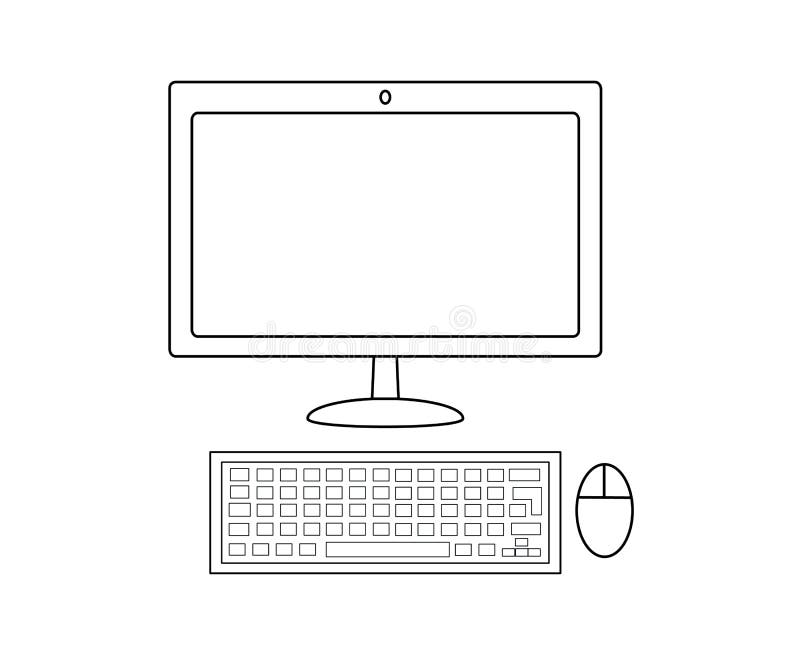 Computer display with blank white screen, keyboard, mouse. Front view. Outline vector illustration. Isolated on white background.
