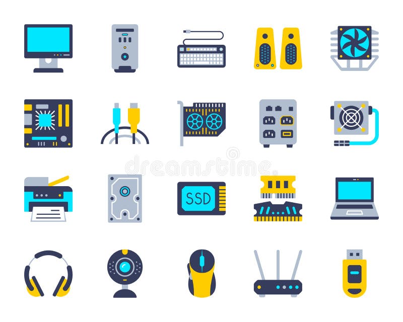 Computer simple flat color icons vector set stock illustration