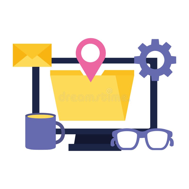 Computer folder pointer coffee cup social media royalty free illustration