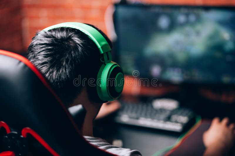 Computer Games, Playing Place, Young Gamer Playing Video Games with